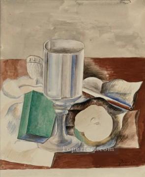 Naturaleza muerta con vaso y manzana 1914 Pablo Picasso Pinturas al óleo